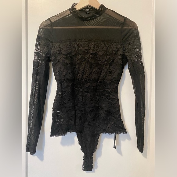 Guess Black Lace Mock Neck Sheer Bodysuit - Picture 3 of 3